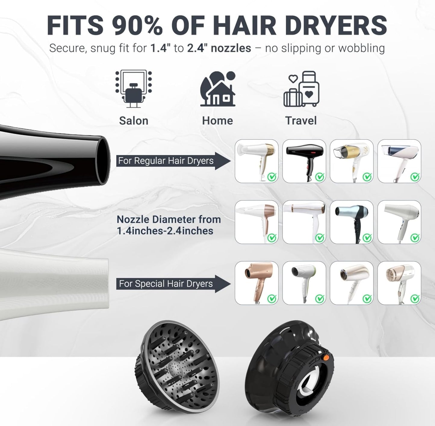 Universal Hair Diffuser - Ionic Attachment for Curly/Wavy Hair | Fits 1.4-2.4 Inch Dryers, Reduces Frizz, Lightweight, Travel-Friendly (Black)