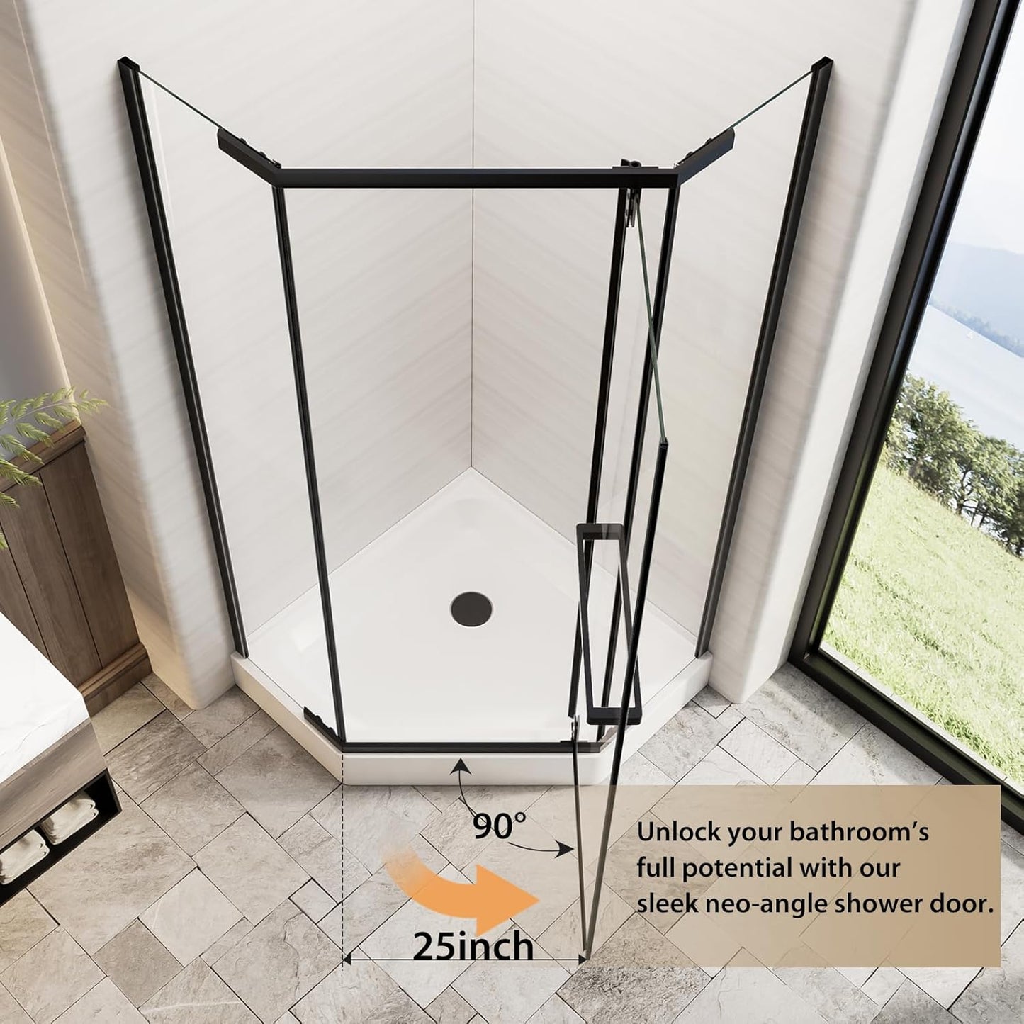 Frameless Neo-Angle Corner Shower Door - 36"W x 72"H, 6mm Clear Tempered Glass, Matte Black Aluminum