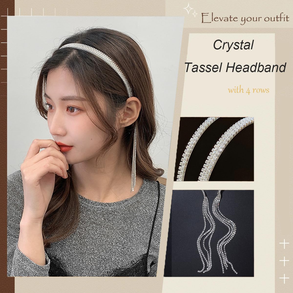 Elloph Crystal Disco Headband - Silver Tassel Sparkly Diamond Rhinestone Women's Headband - 70s Hair Accessory - 1 Count (Pack of 1)