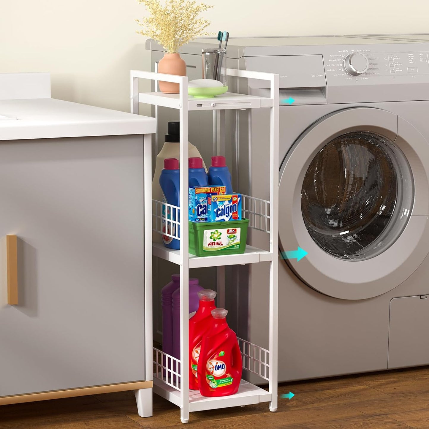 Expandable Slim Storage Shelf - 3 Tier Metal Shelving Unit for Bathroom, Kitchen & Laundry | White