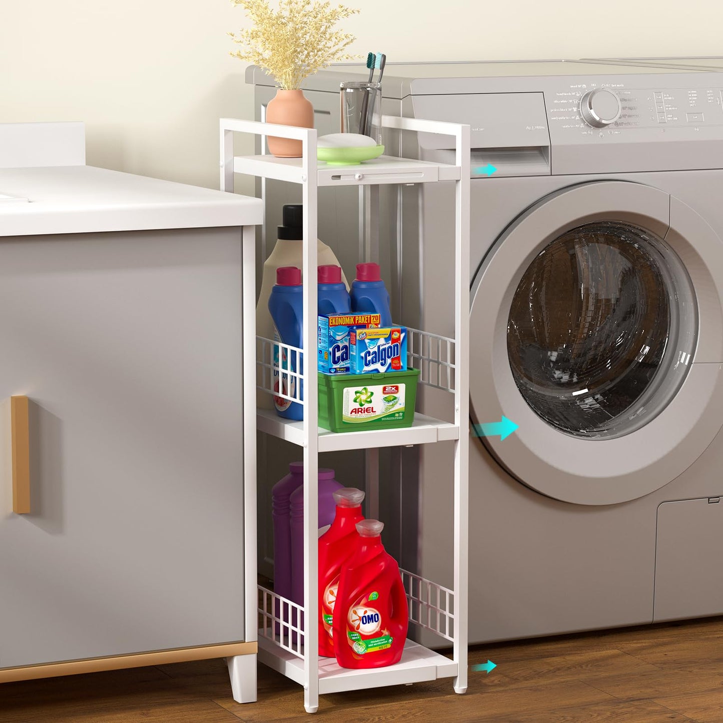 DAOUTIME Expandable Slim Storage Shelf, 3 Tier Metal Shelving Unit for Bathroom Storage Organizer, Free-Standing Narrow Shelf, Open Floor Shelves for Small Spaces,Laundry,Bathroom,Kitchen, White