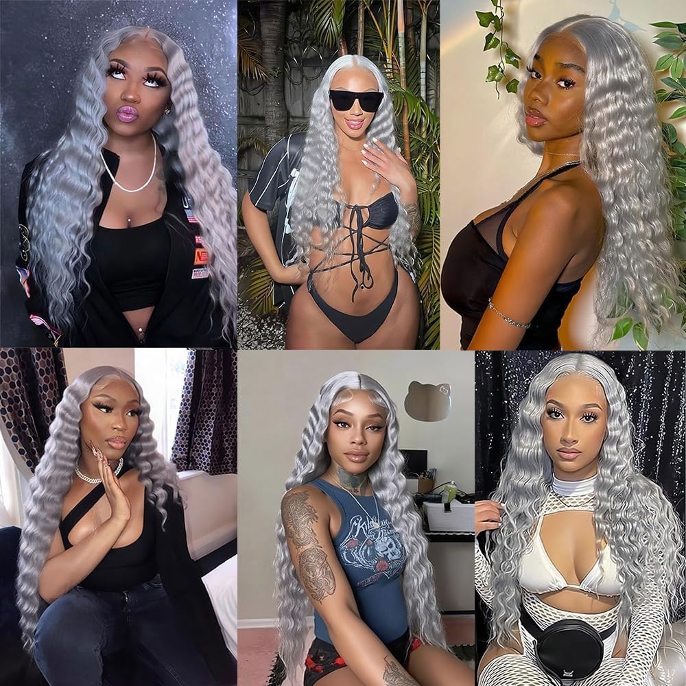 Grey Clip in Hair Extensions Real Human Hair,28 Inch 120g/7Pcs,Full Shine Sliver Remy Human Hair,Gray Deep Wave Clip ins Brazilian Virgin Human Hair Extensions