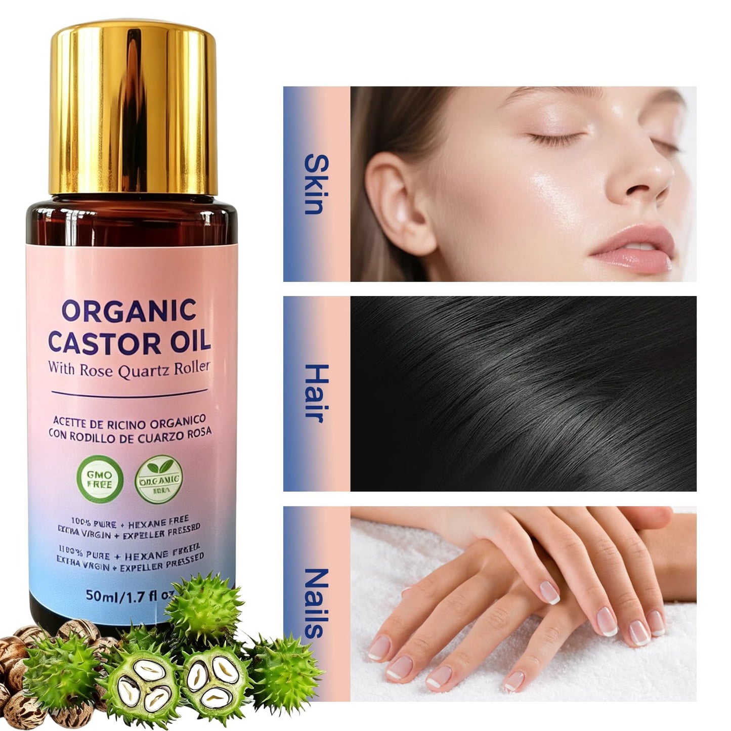 2 Pcs Organic Castor Oil with Rose Quartz Roller, 100% Castor Oil Organic Cold Pressed for Hair, Face & Body Skin Moisturizing Care, Hexane-Free.