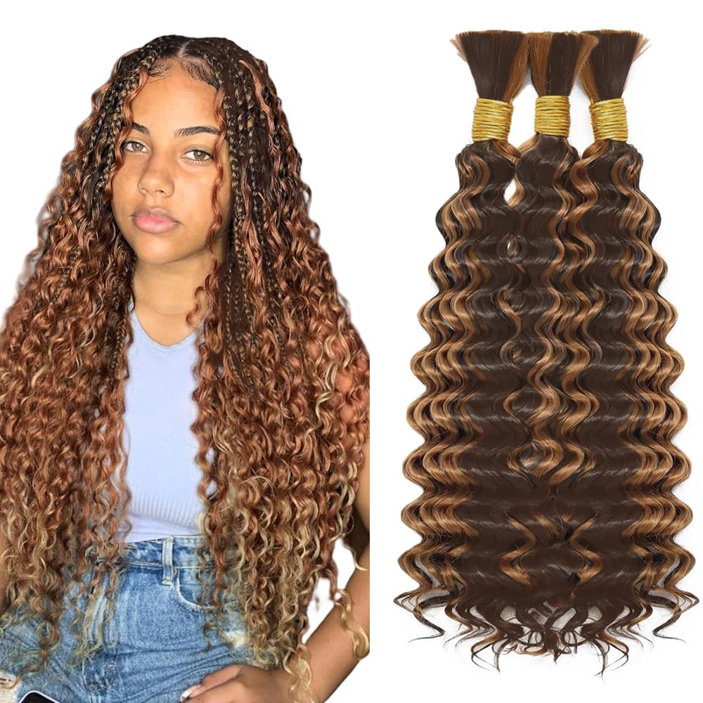 26 26 26 Inch Highlight Brown Human Braidng Hair For Boho Braids P4/30 Boho Human Hair Braiding Deep Wave Braids 3 Bundles/Pack Brown Color 150g