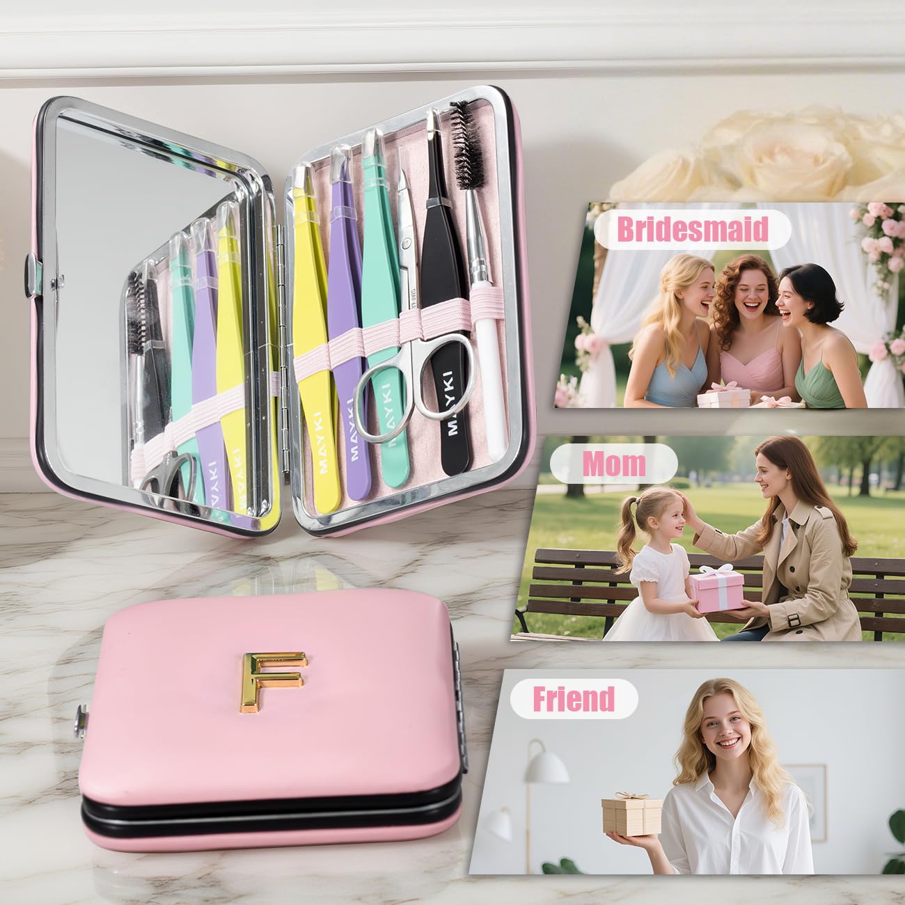 Initial F Tweezers with Mirror for Women Facial Hair, Best Gifts for Teen Girl/Daughter/Friend/Mom/Bridesmaid/Wife/Girlfriend, Unique Gift for Birthday/Anniversary/Mothers Day/Valentines Day/Christmas