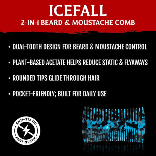 Mad Viking ICEFALL Beard & Mustache 2-in-1 Premium Styling Comb – Dual-Sided Anti-Static Grooming Tool– Durable and Travel-Ready – Smooths, Detangles & Distributes Oils for Strong, Tamed Hair