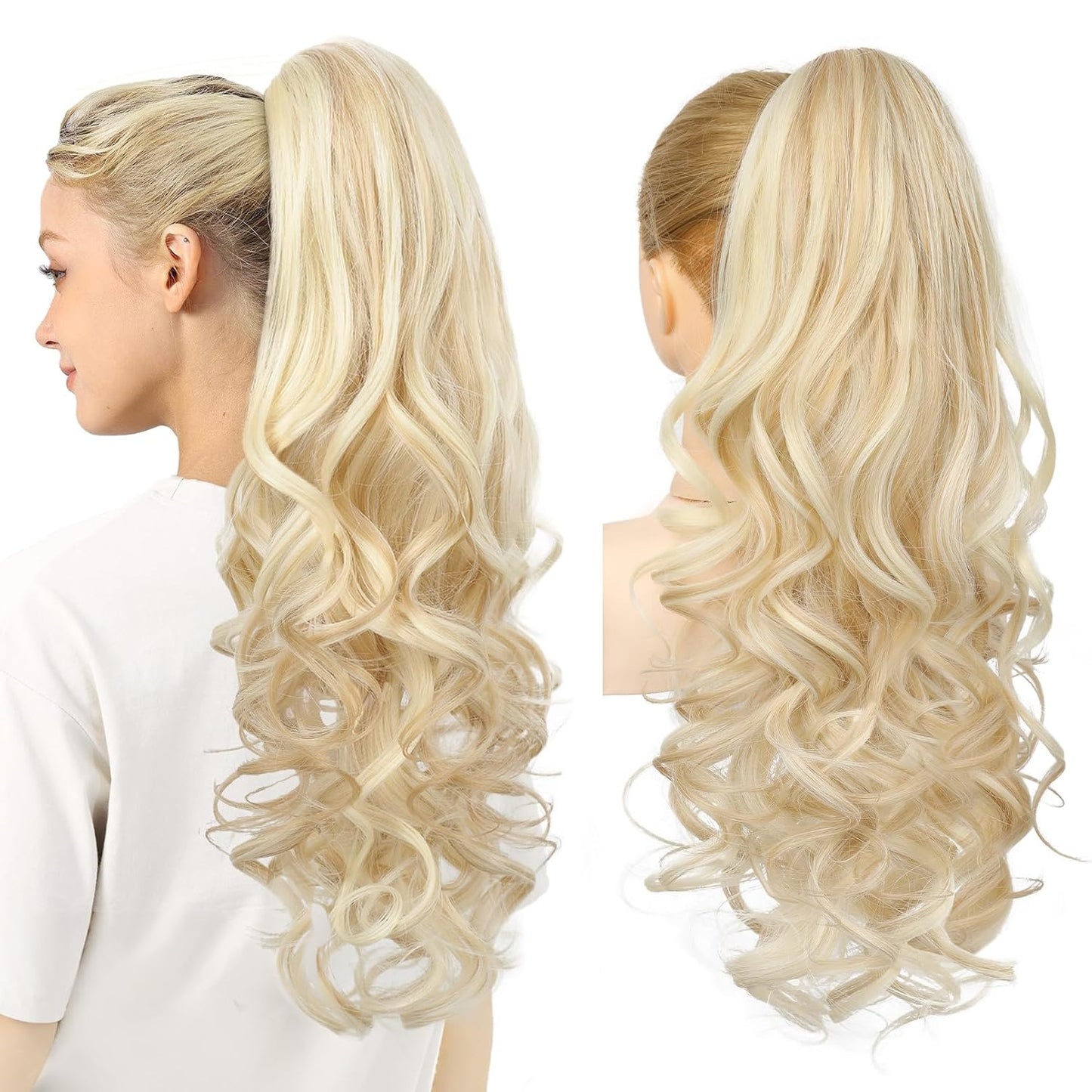 Ponytail Extension - 24" Claw Clip In Long Curly Wavy Hairpiece | Medium Blonde with Highlights