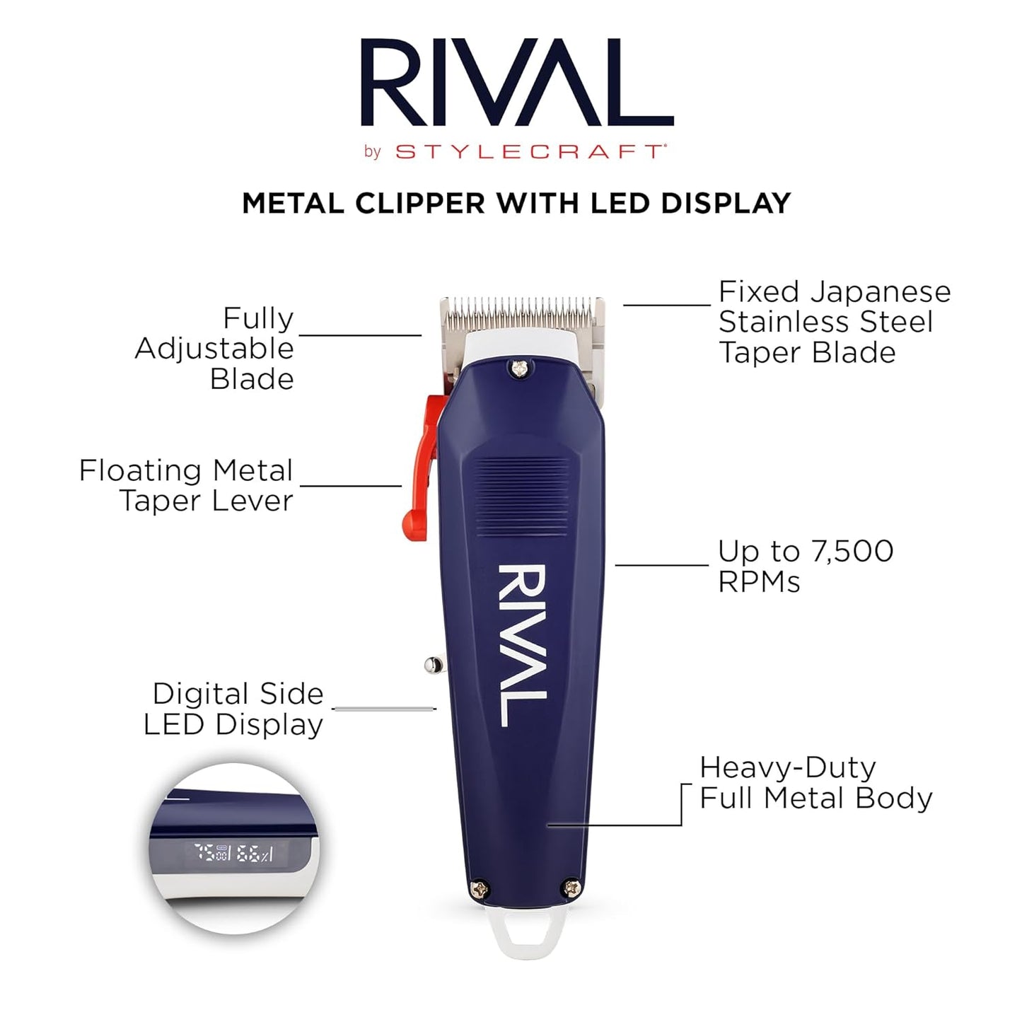 Stylecraft Rival Cordless Hair Clipper - Professional Grade with Digital Display & Metal Housing for Barbers