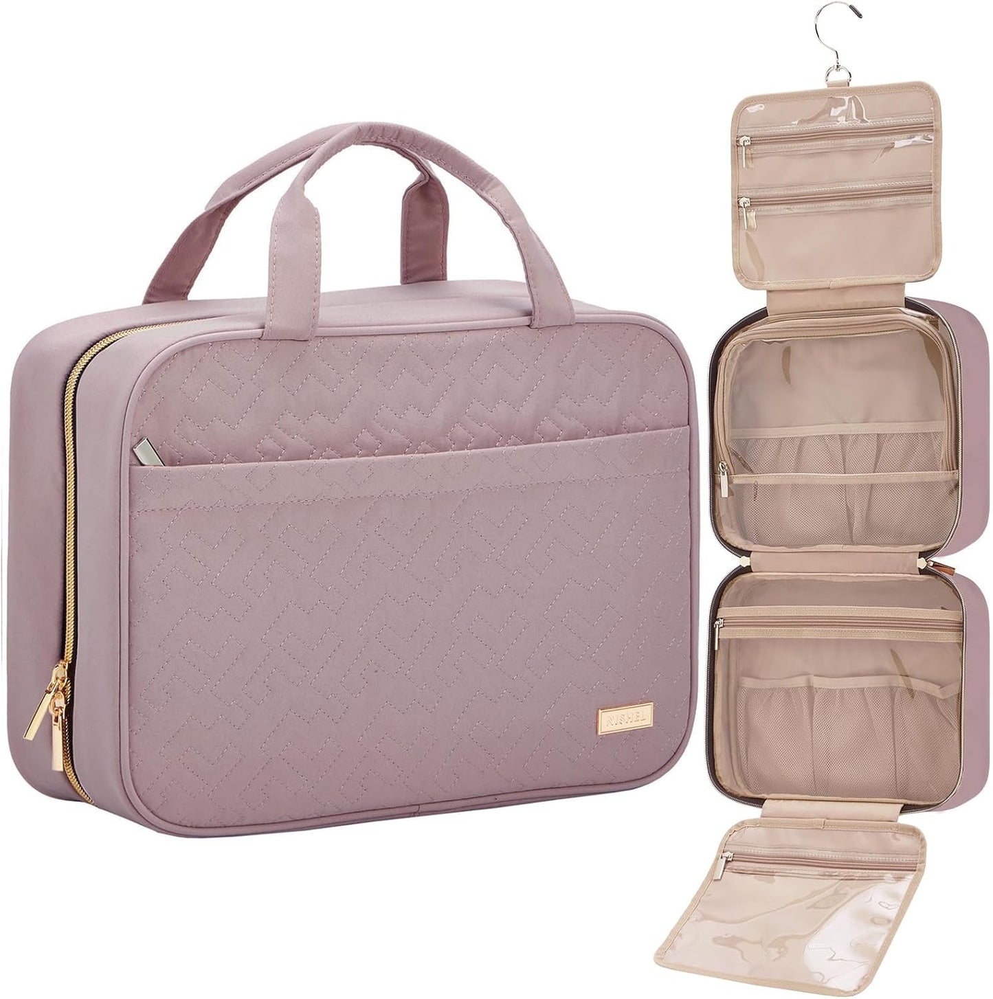 NISHEL Travel Toiletry Bag - Portable Hanging Organizer for Shampoo, Conditioner & Makeup | Medium Pink