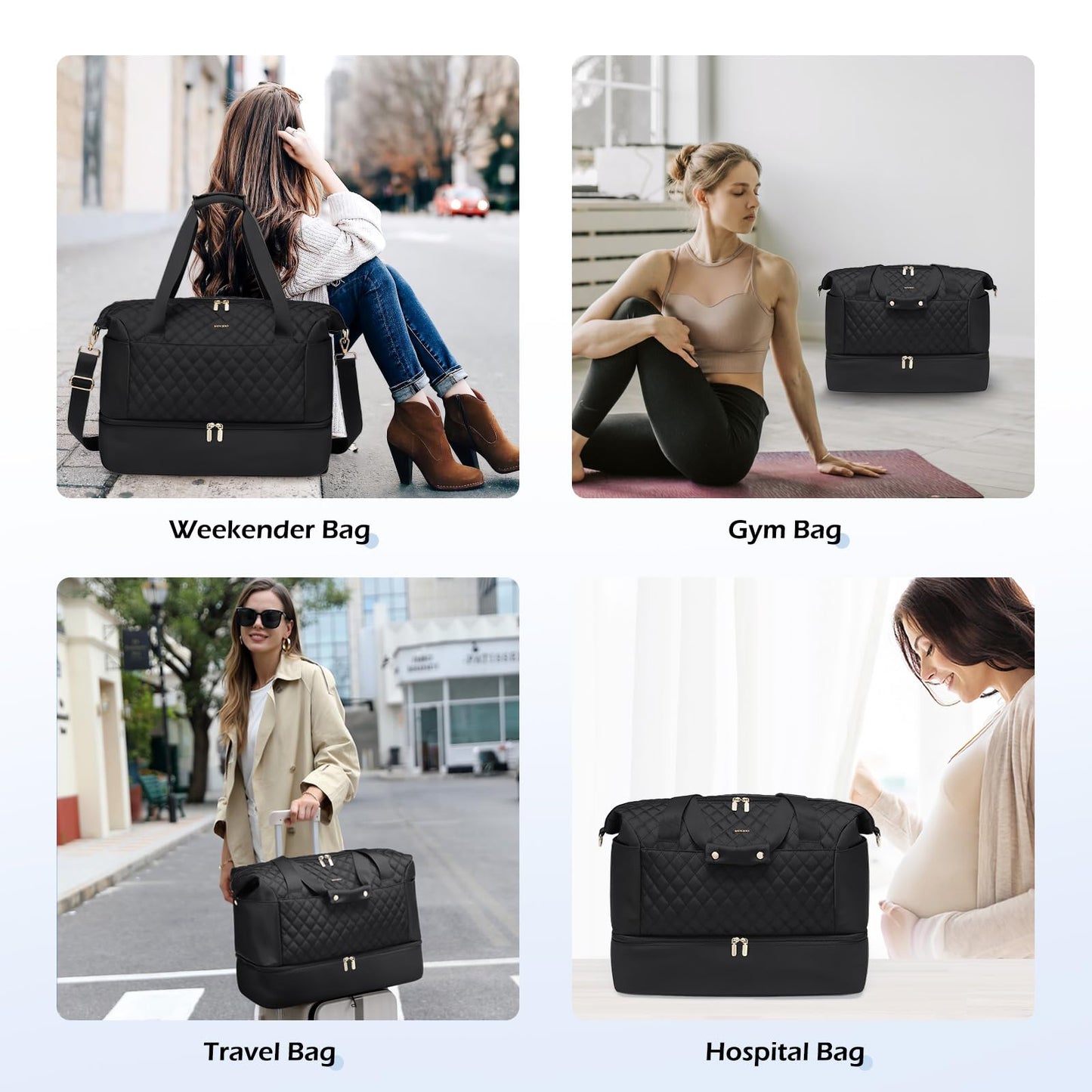 MDODO Travel Duffel Bag for Women Weekender Overnight Carry on Tote with Shoe Compartment Wet Pocket for Business Trips Travel Sports Gym Yoga Hospital, 3 Pcs Set, 43L, Black, Water-Resistant Nylon
