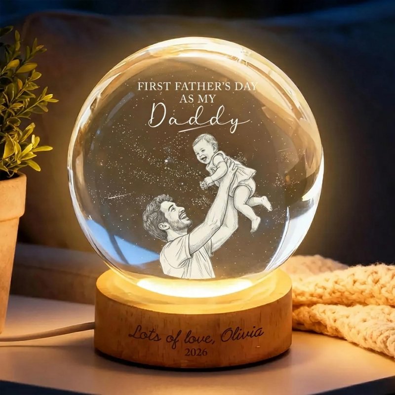 Evamall Custom First Father's Day Photo Crystal Ball Night Light, Personalized Dad Gift New Dad Gift 1st Fathers Day Present from Baby Keepsake, Daddy Papa