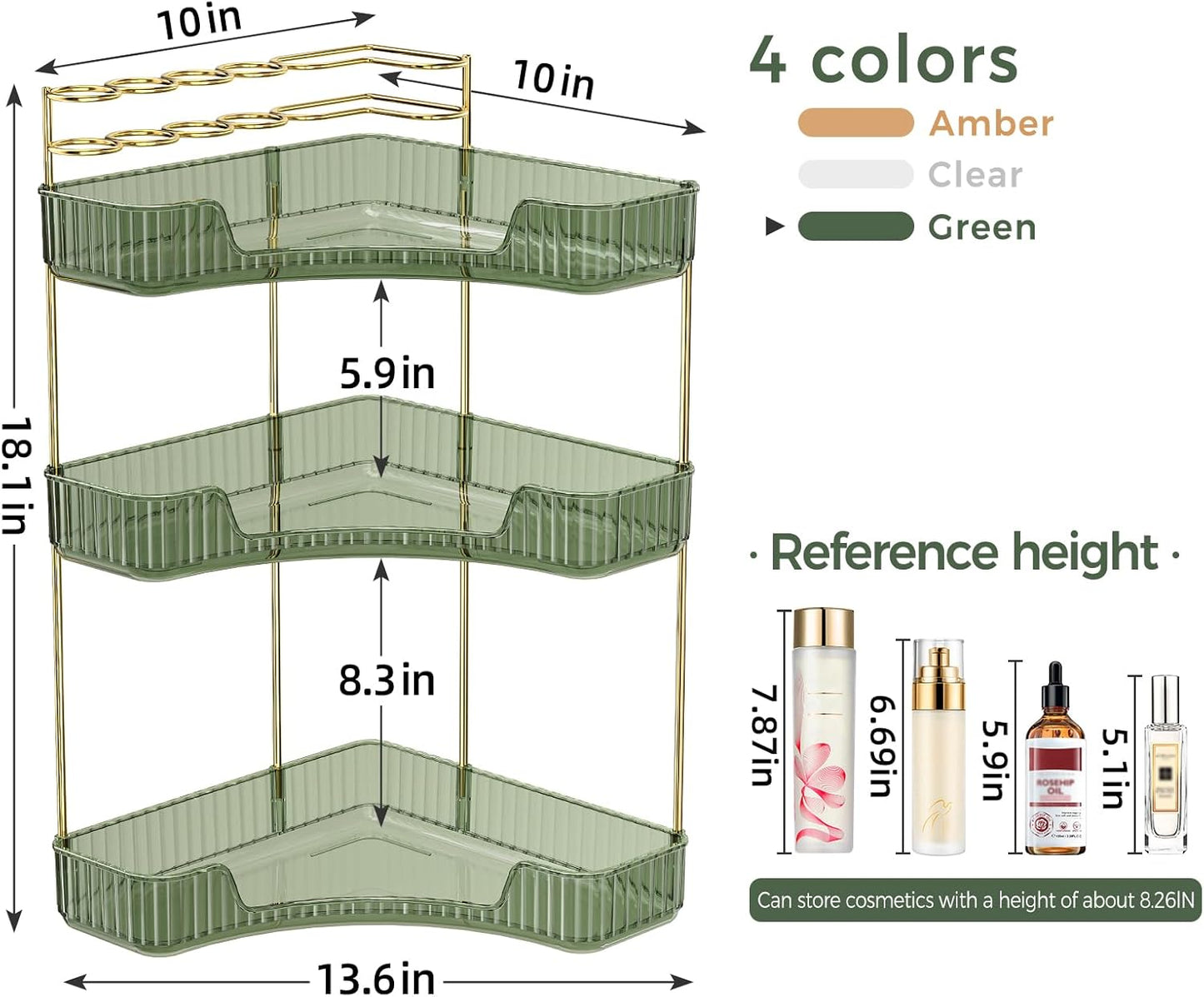 Corner Bathroom Counter Organizer - 3-Tier Makeup & Skincare Storage | Green Vanity Organizer