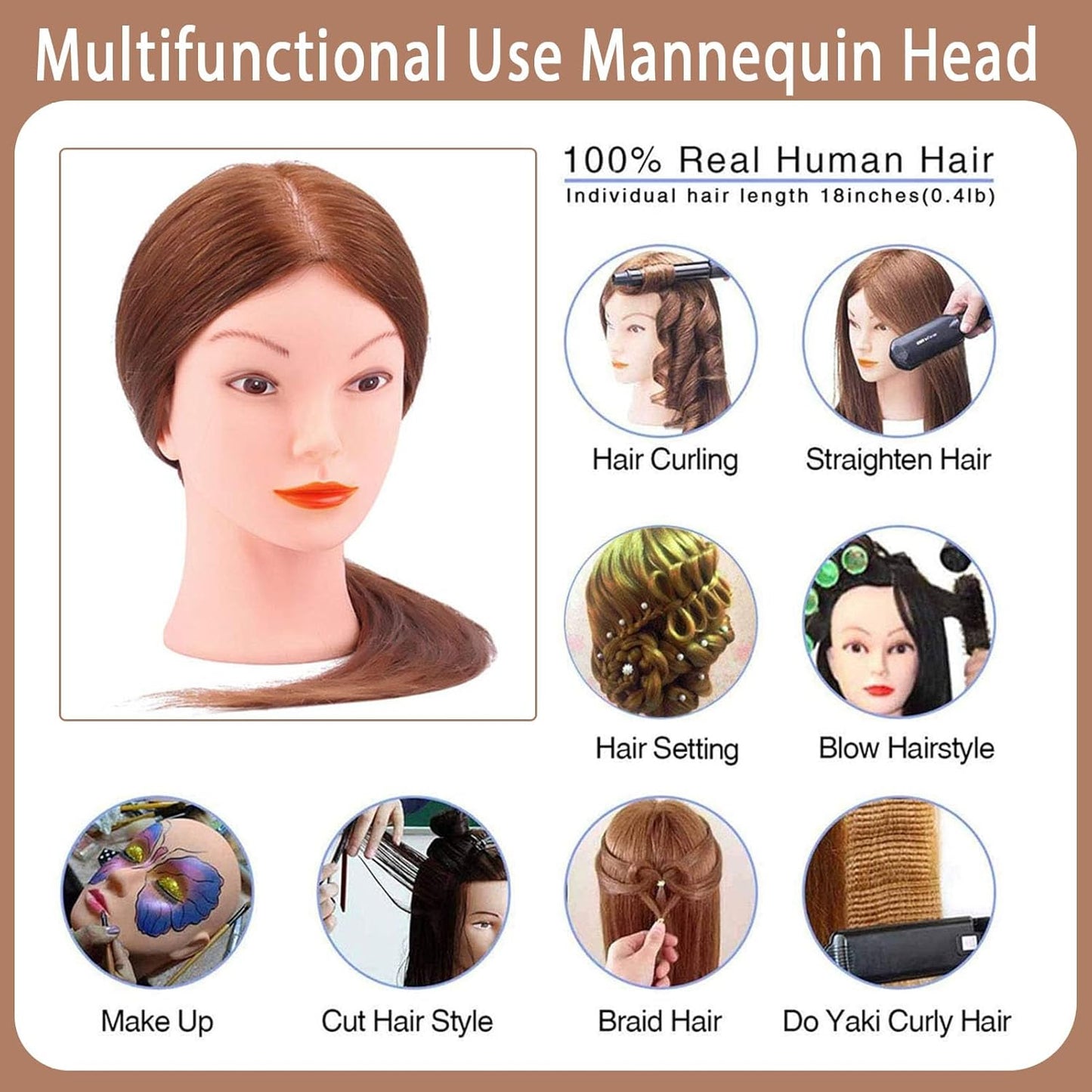 Real Hair Mannequin Head for Cosmetology | 100% Human Hair Styling Practice Doll with Clamp Holder (Dark Brown)