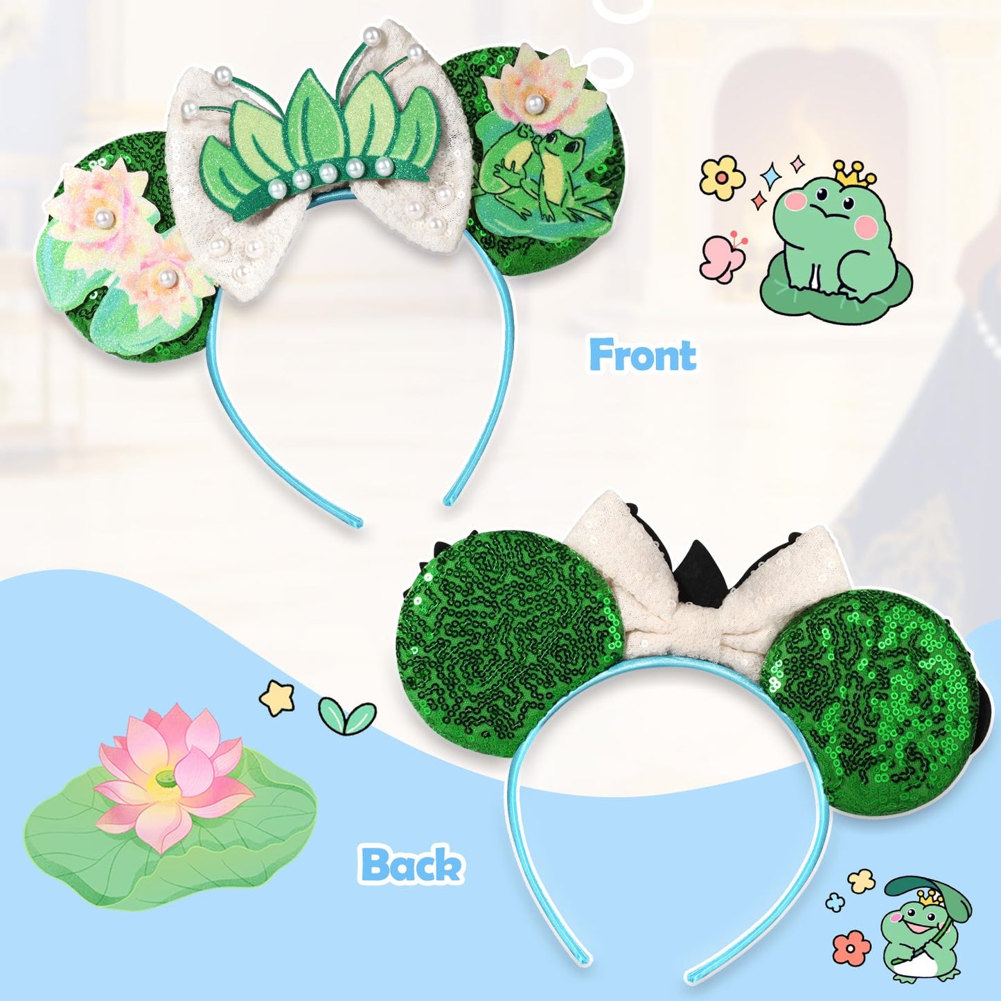 CANMIL Mouse Ears Headband, Sparkle Princess Bow Headband for Women Girls, Sequin Party Hair Accessories (Frog)