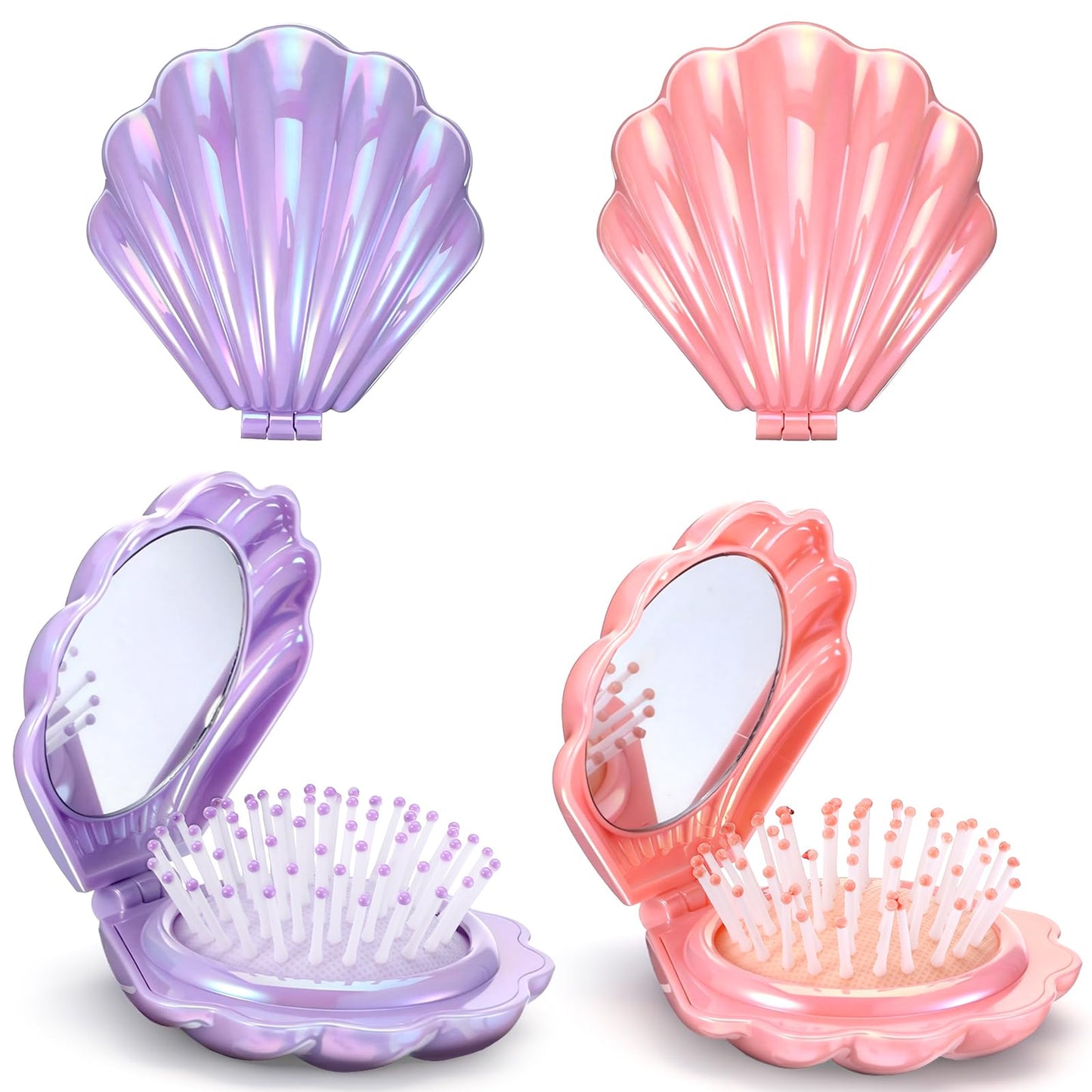 2 PCS Shell Foldable Travel Hair Brush with Mirror, Portable Iridescent Shell Folding Hair Brush Compact Travel Size Pocket Hairbrush Metallic Shinning Mini Massage Comb for Women (Purple, Pink)