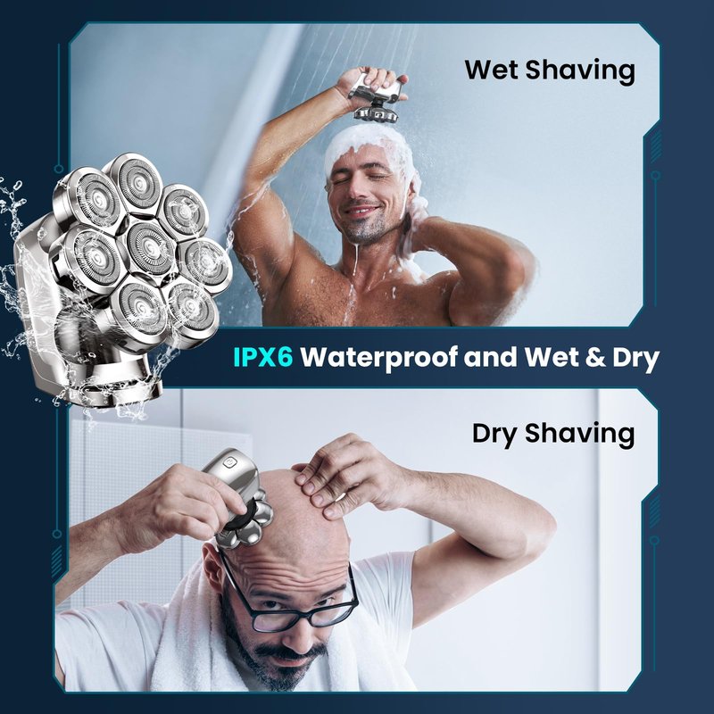 Phisco 8D Electric Head Shaver for Bald Men, Upgraded Cordless Rechargeable Razor, Wet/Dry Use with LED Display