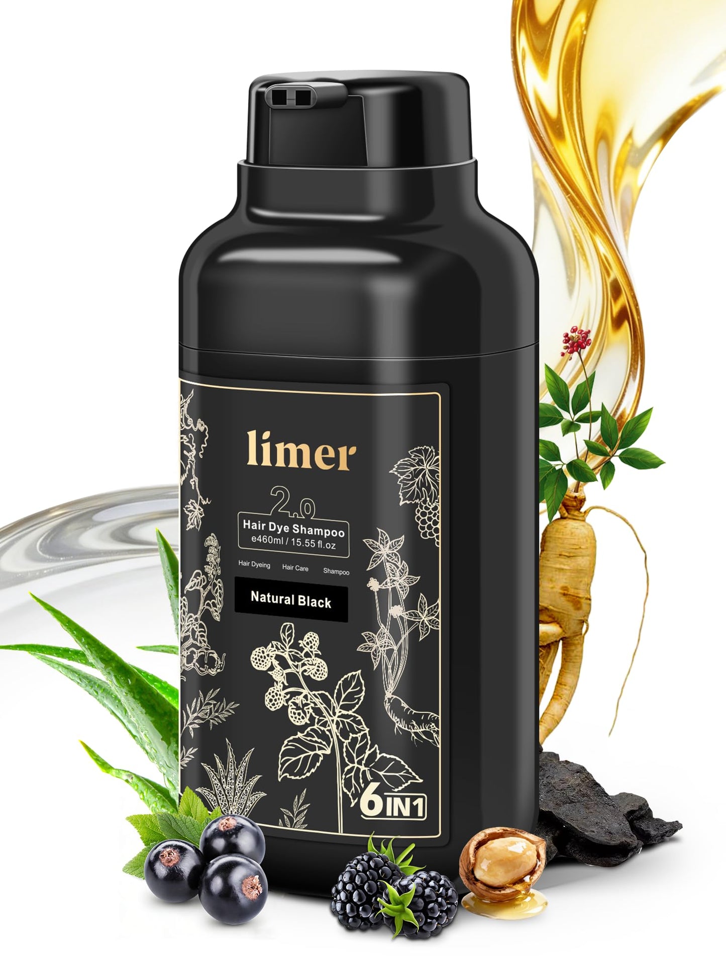 Limer Black Hair Dye Shampoo for Gray Hair, 3-in-1 Color Shampoo, 6 Herbal Extracts, 100% Grey Coverage, Non-Staining, 6-8 Weeks Lasting, for Women & Men, Shampoo para Pintar el Cabello, 460ml