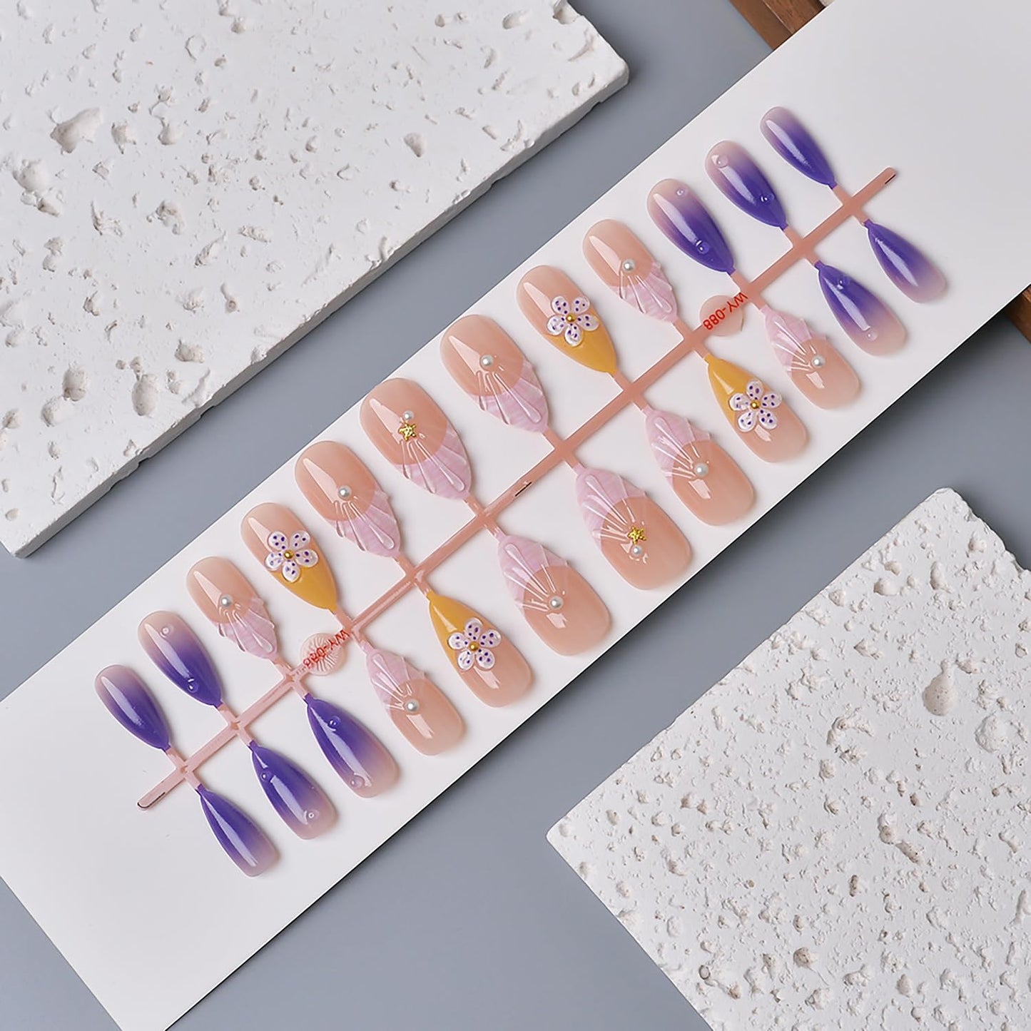 Summer Beach Press-On Nails - 24Pcs Medium Almond Purple French Tip with Starfish & Seashell Design | Floral Acrylic Full Cover