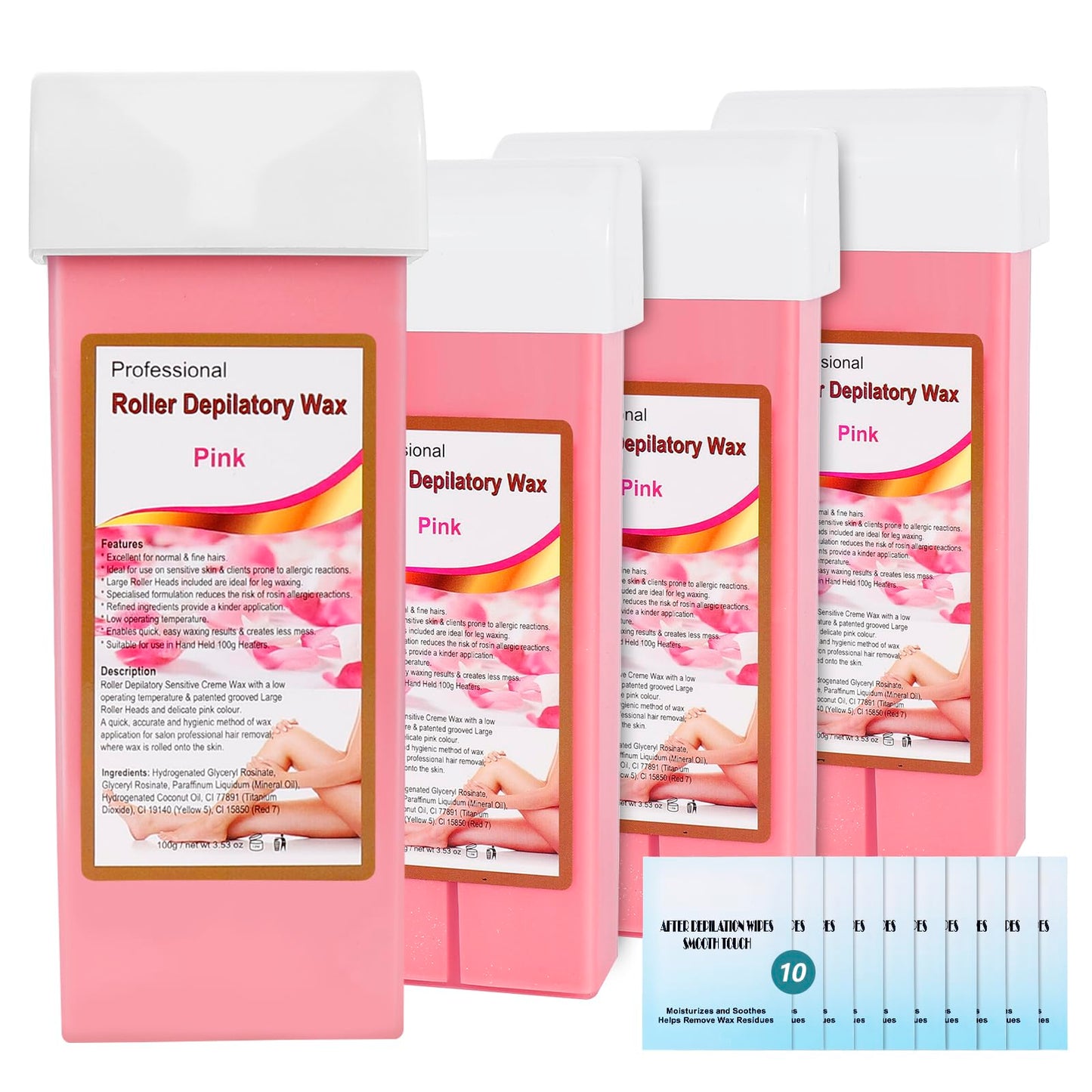 Roll on Wax Refill Kit: 3 Honey Wax Roller Refill & 10 Cleaning Wipes for Hair Removal - Depilatory Cartridge for Body Leg Arm (100g/3.53oz, 3 Pack)