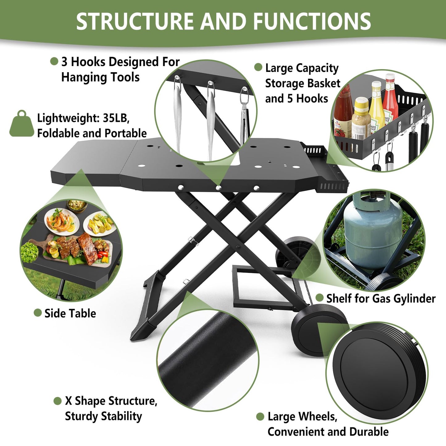 Barbqtime Portable Grill Cart for Blackstone 17" & 22" Griddle, Foldable Grill Table with Propane Tank Holder, Outdoor Portable BBQ Grill Stand for Backyard, Camping, Tailgating