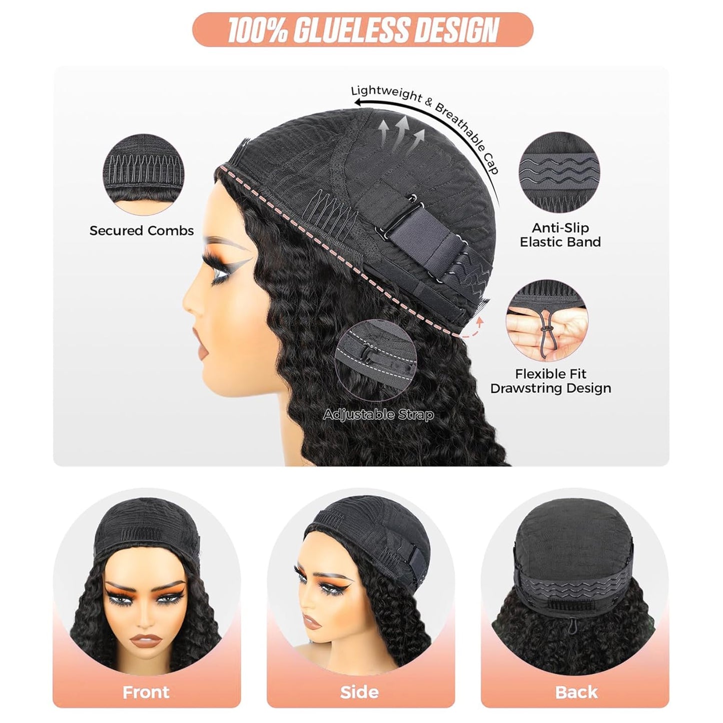 Afro Kinky Curly Half Wig - Human Hair Seamless 3-in-1 Flip Over | Beginner-Friendly, 20-Inch, Black Color