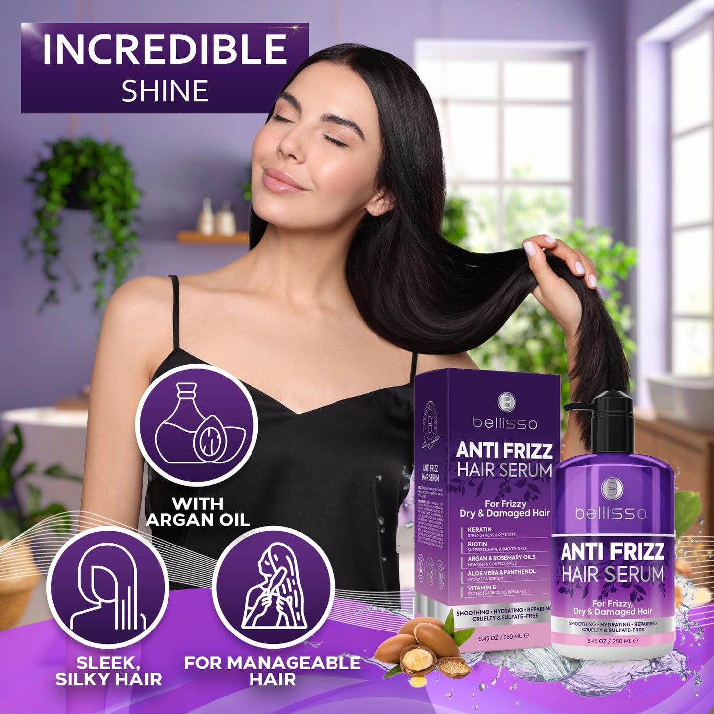 Anti Frizz Hair Serum - Humidity Control for Frizzy, Damaged Hair - 8.45 Fl Oz | Smoothing & Styling Solution