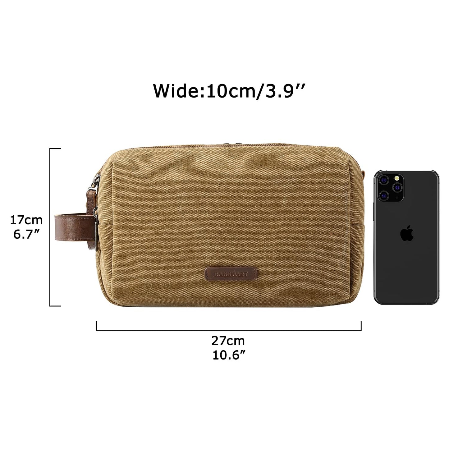 BAGSMART Toiletry Bag for Men, Canvas Travel Toiletry Organizer Dopp Kit Water-resistant Shaving Bag for Toiletries Accessories,Khaki-Medium