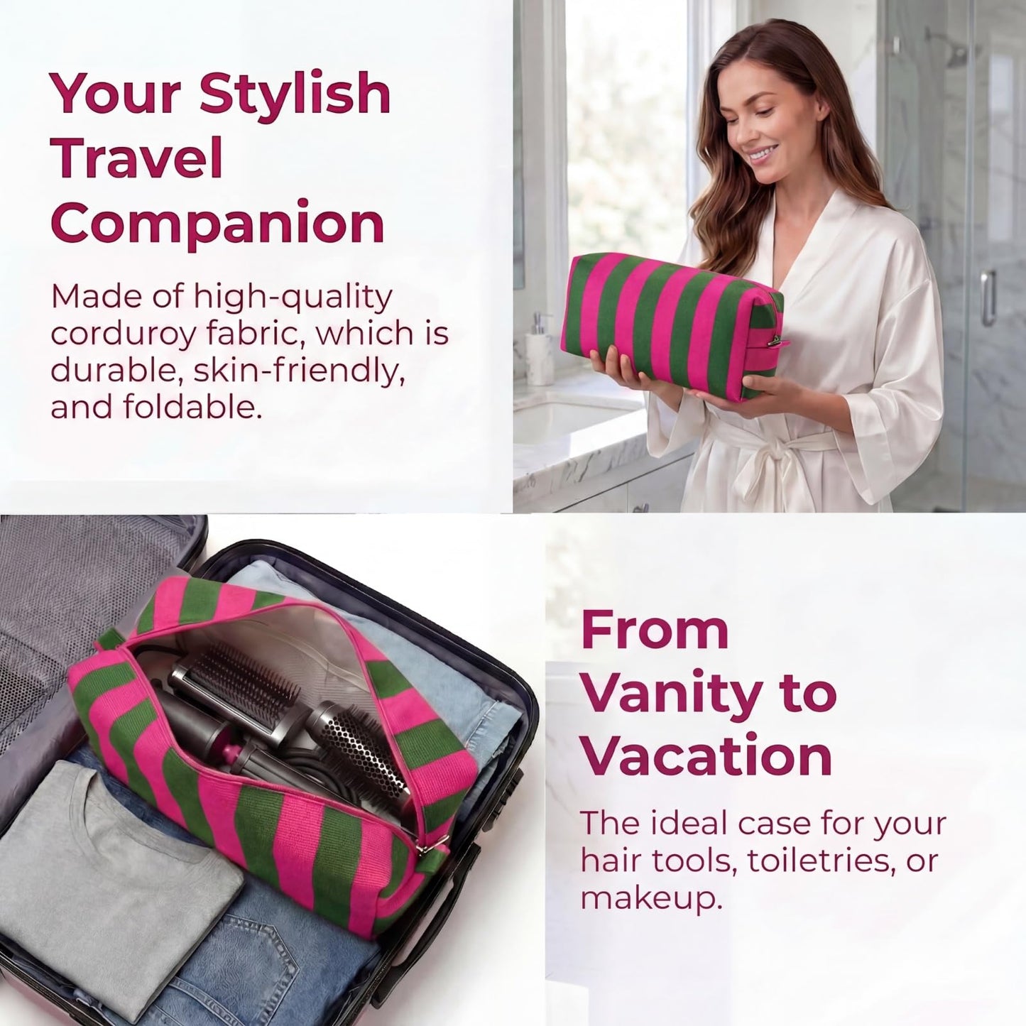 RSRSLEII Striped Hair Tools Travel Bag，Corduroy Hair Dryer Bag, Flat Iron Curling Iron Bag, Aesthetic Foldable Travel Organizer (03Rose Red&Green)