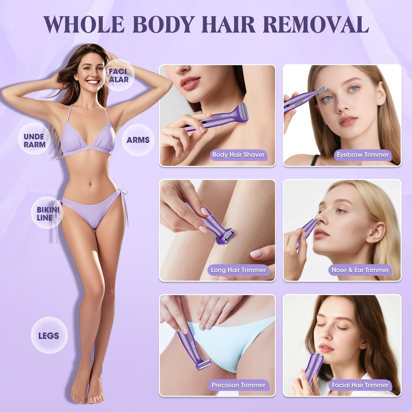 Electric Razor for Women,6 in 1 Women's Bikini Trimmer Shaver for Women & Men Pubic Hair, Private Area, Legs, Eyebrow,Face, Nose, Eyebrow, Body Hair Removal IPX5 Waterproof Wet & Dry