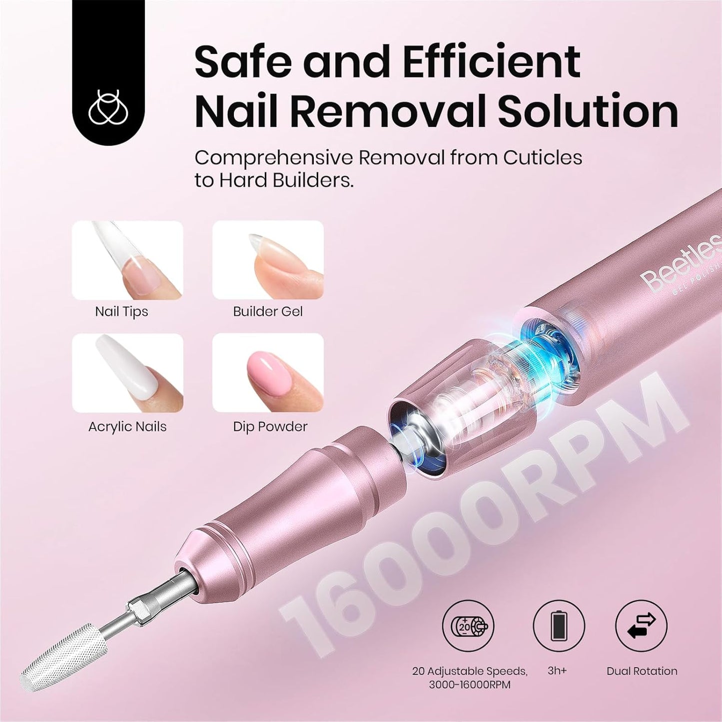 Beetles Electric Nail Drill - Cordless 35 Speed Portable Polishing Set | Rose Gold, Long Battery Life for Home & Salon Use