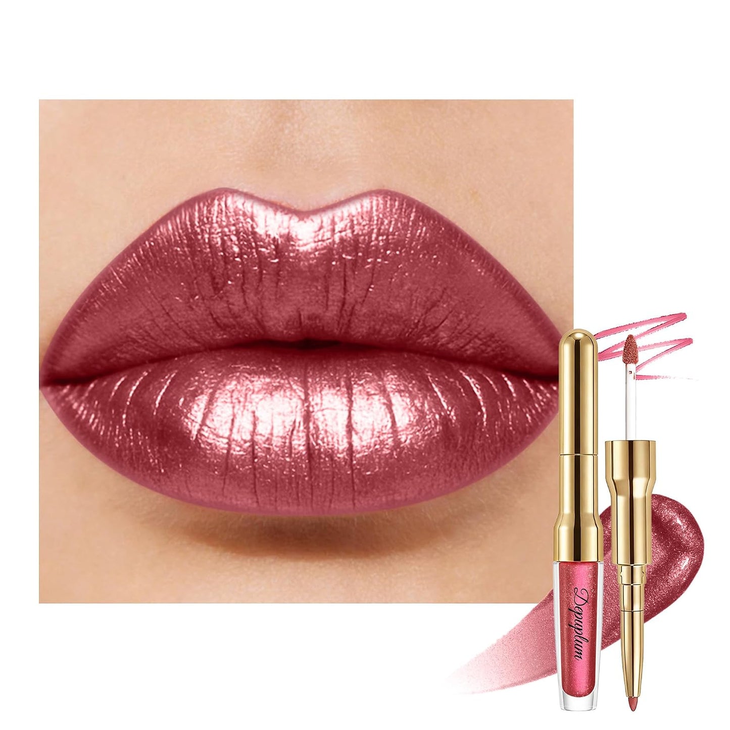 Pink Metallic Lipstick & Lip Liner Combo - Waterproof, Smudgeproof Shimmer Finish | Long Lasting Nude (GB24 Mauve Babe)