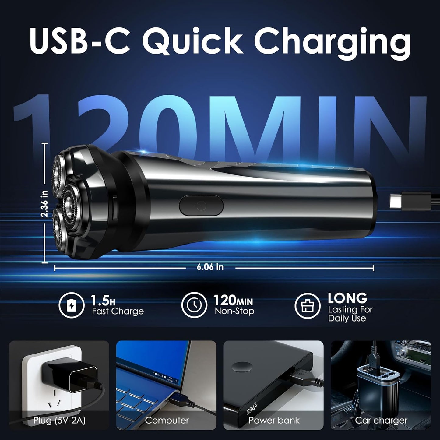 Rechargeable Electric Shaver for Men - IPX7 Waterproof Rotary Razor with 4D Floating Head | Travel-Friendly, Cloudy Grey