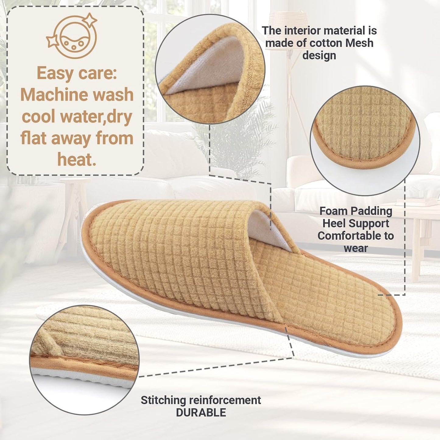 Spa Slippers - Non-Slip Washable Indoor Slippers for Men & Women | Beige, Reusable for Hotels & Travel
