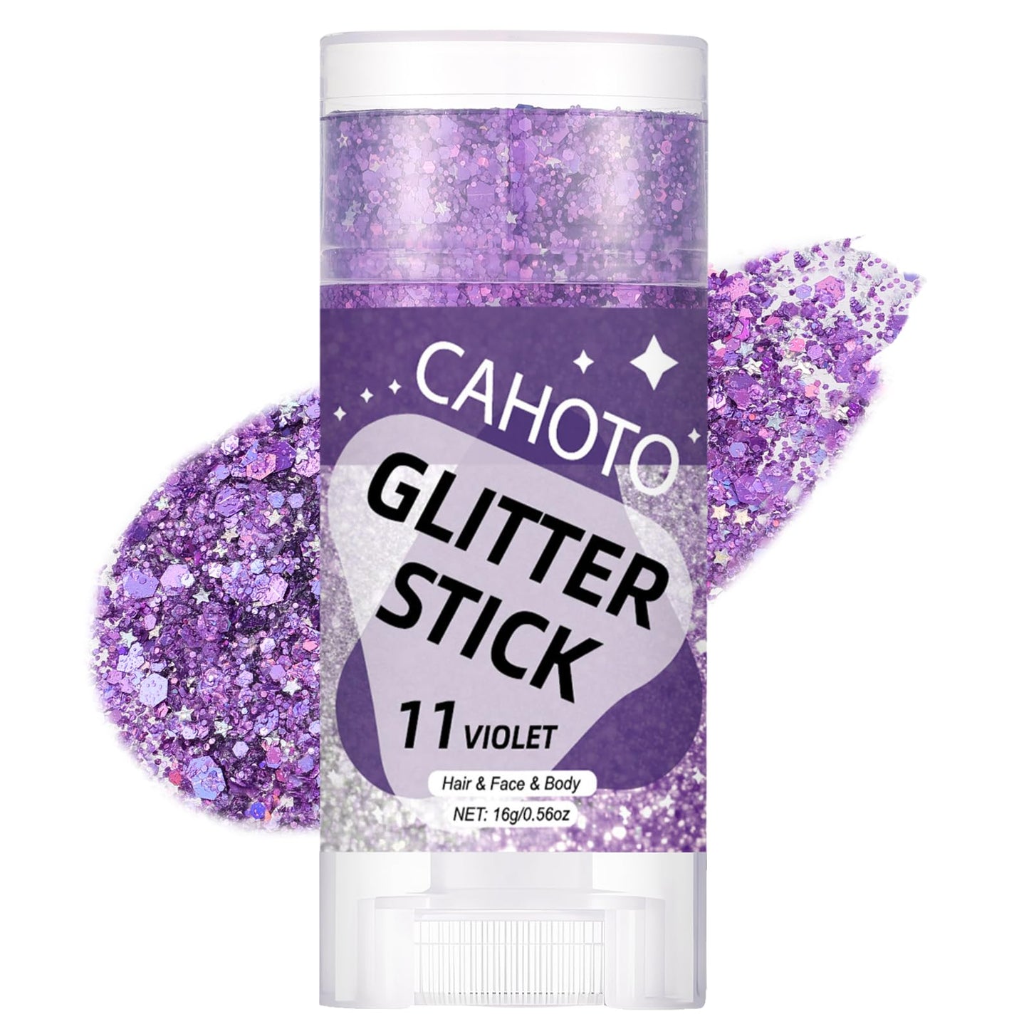CAHOTO Violet Face Body & Hair Glitter Stick for Singer Concerts Outfit, Purple Shimmer Stick Gel for Women, Sparkling Holographic Chunky Sequins for Halloween Rave Festival Carnival Mermaid, 0.56oz