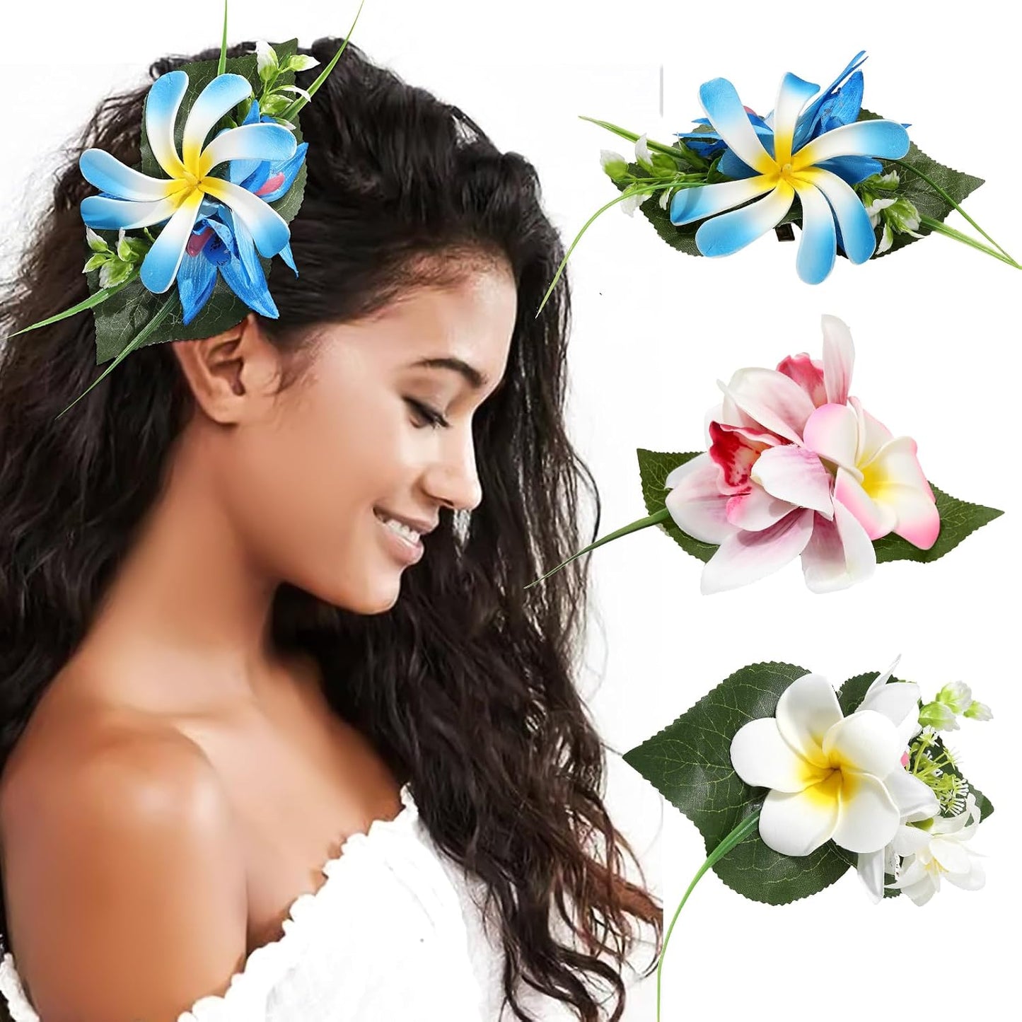 Hawaiian Flower Hair Clips - 3-Piece Set of Tropical Hair Pins | Artificial Floral Accessories in Blue, Pink, Purple