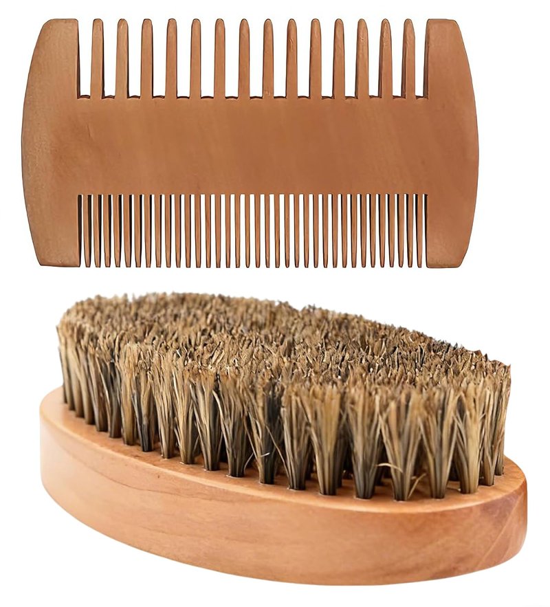 Men's Beard Brush Kit with Wooden Comb and Boar Bristle Brush - Natural Pear Wood Comb and Beechwood Brush Set for Beard Grooming, Styling, and Daily Care at Home or Barbershop