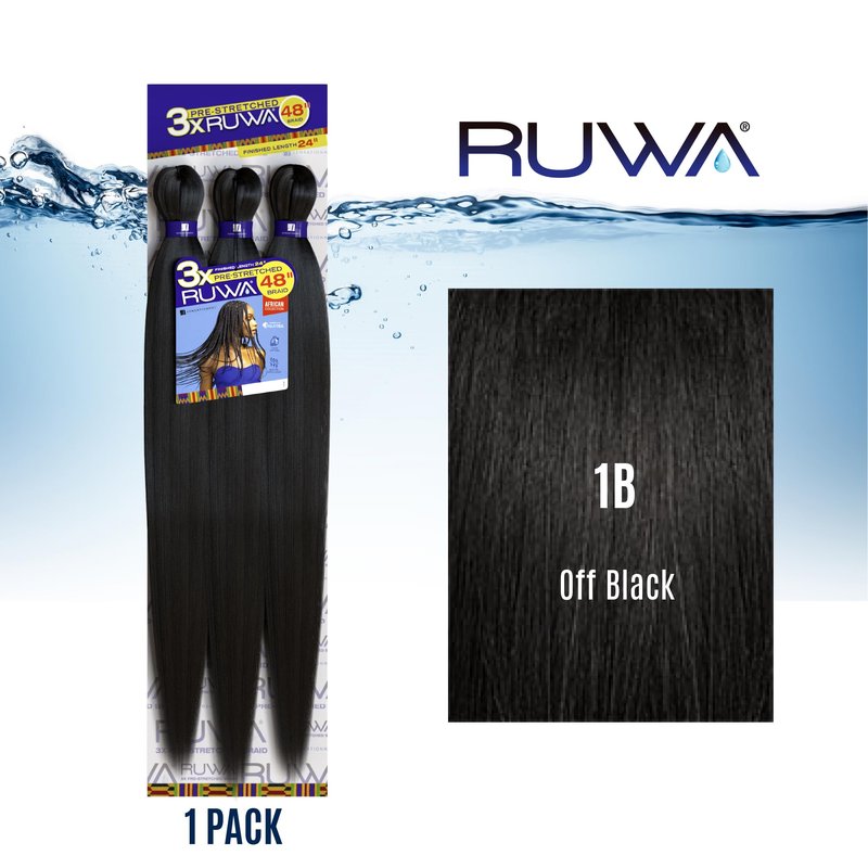 Sensationnel Ruwa prestretched braiding hair - 3x 48 inch water repellent kanekalon fast dry synthetic sports itch free (1 pack, 1B OFFBLACK)