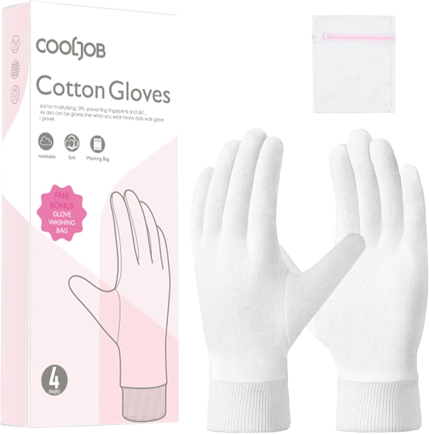 Soft Moisturizing Cotton Gloves Set - 4 Pairs for Dry Hands & Eczema Relief | Small, White