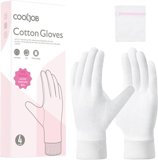 Soft Moisturizing Cotton Gloves Set - 4 Pairs for Dry Hands & Eczema Relief | Small, White