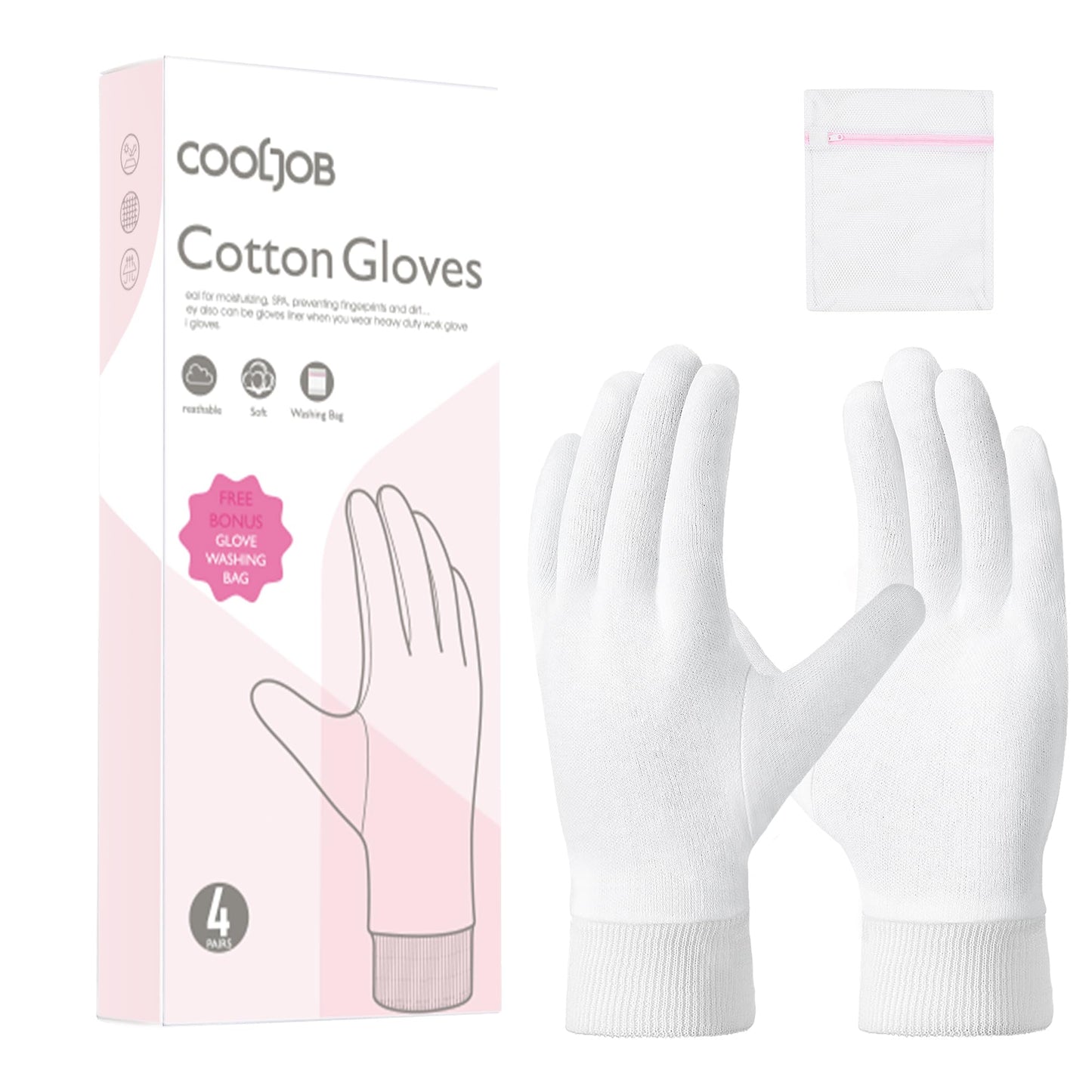 COOLJOB 4 Pairs Soft Moisturizing Cotton Gloves Set with Stretch Elastic Cuff, Overnight Lotion Sleeping Gloves for Dry Hands, Eczema Skin, Beauty Women SPA Essentials, Small, White