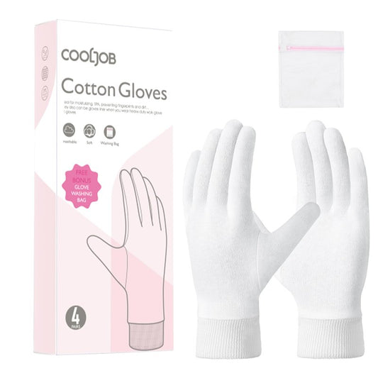 COOLJOB 4 Pairs Soft Moisturizing Cotton Gloves Set with Stretch Elastic Cuff, Overnight Lotion Sleeping Gloves for Dry Hands, Eczema Skin, Beauty Women SPA Essentials, Small, White