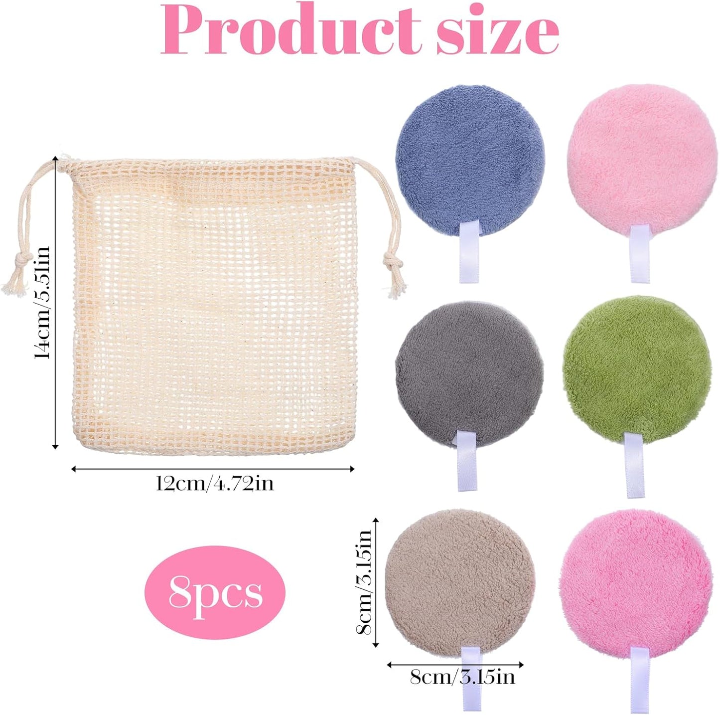 Reusable Makeup Remover Pads - Soft Coral Fleece Cotton | 8 Pcs Washable Face Pads with Mesh Storage Bag for Skincare