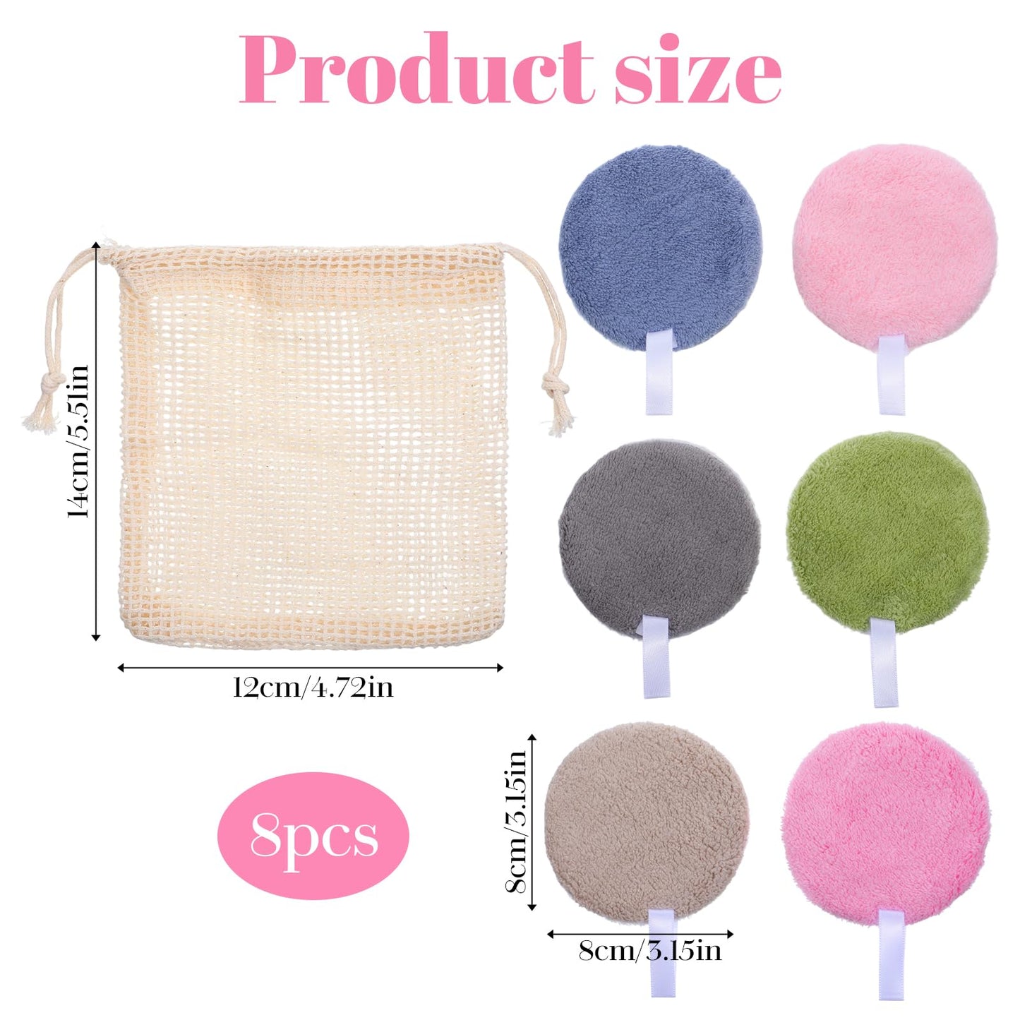 HJZHII 8 Pcs Reusable Makeup Remover Pads, Soft Coral Fleece Round Cotton Pad Washable Face Pads with Mesh Storage Bag for Women Eye Shadow Facial Skincare