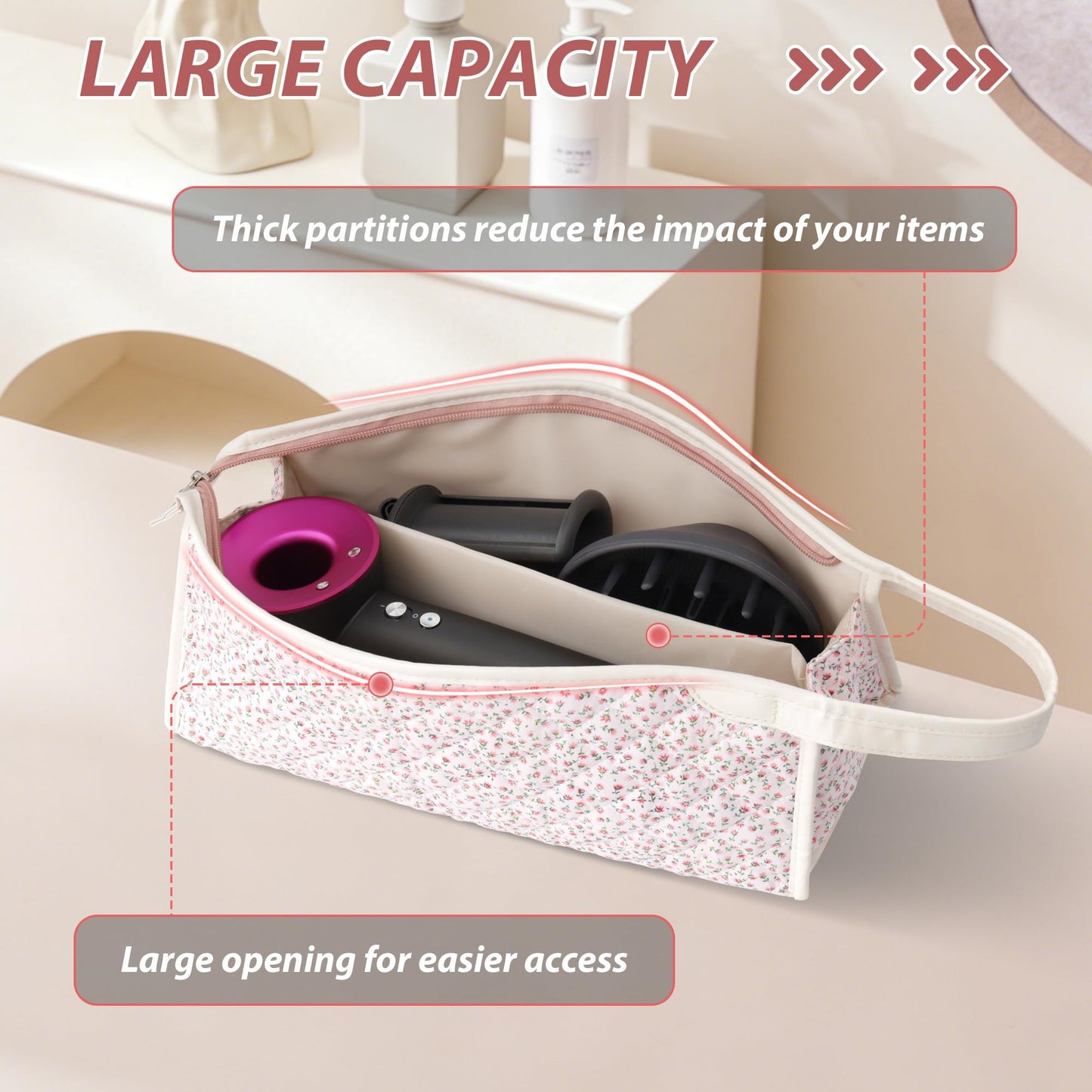 Linpr Travel Case Compatible with Dyson Airwrap Styler/Shark Flex Style, Portable Carrying Organizer Case for Hair Tools, Cotton Quilted Hair Dryer Storage Bag (Pink Floral)