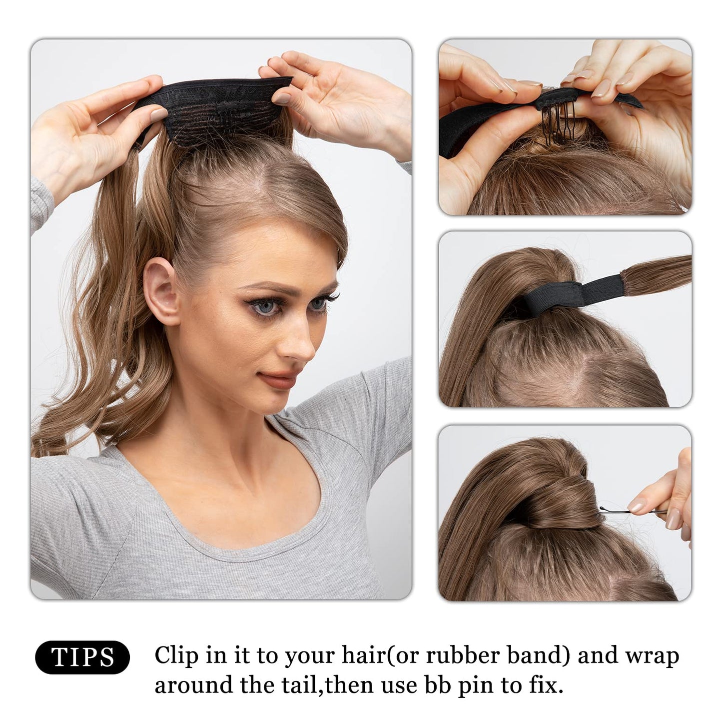 Short Ponytail Hair Extension - Curly Wavy Clip-In Hairpiece for Women | 14" Ash Medium Brown/Ash Blonde