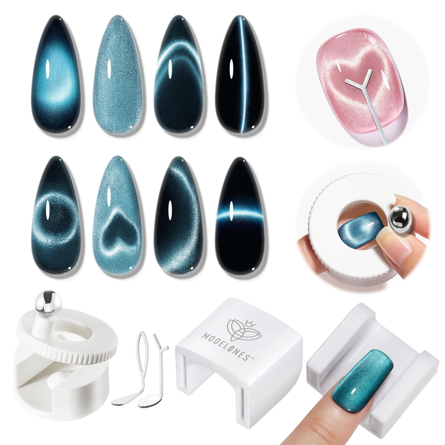 Modelones 5D Cat Eye Nail Magnet Tool Set - 360° Rotating U-Shaped, Ball, Hole & Heart Magnets for Gel Polish Art | 5 Pieces