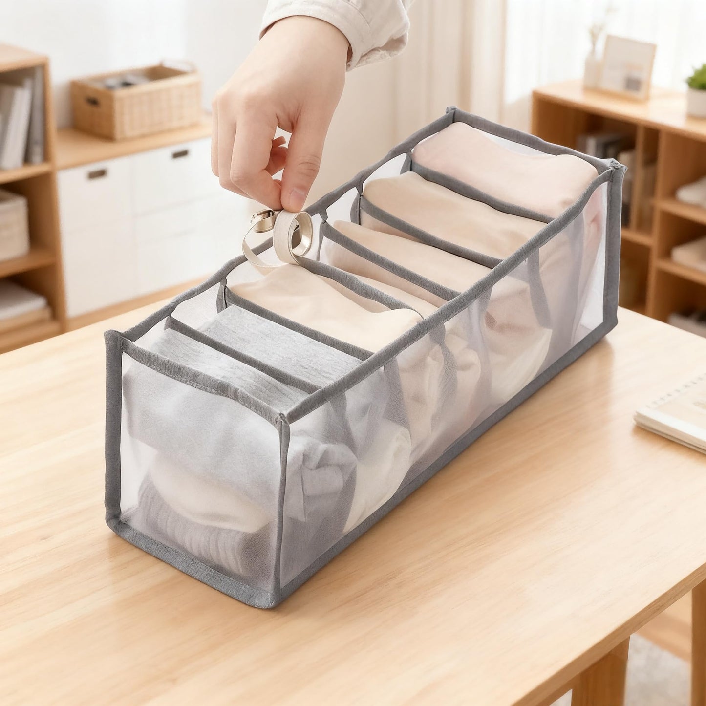 1PC Grey 7-Grid Drawer Divider Storage Bag - Transparent Polyester Organizer, Ideal for Lingerie, Socks & Ties Organization