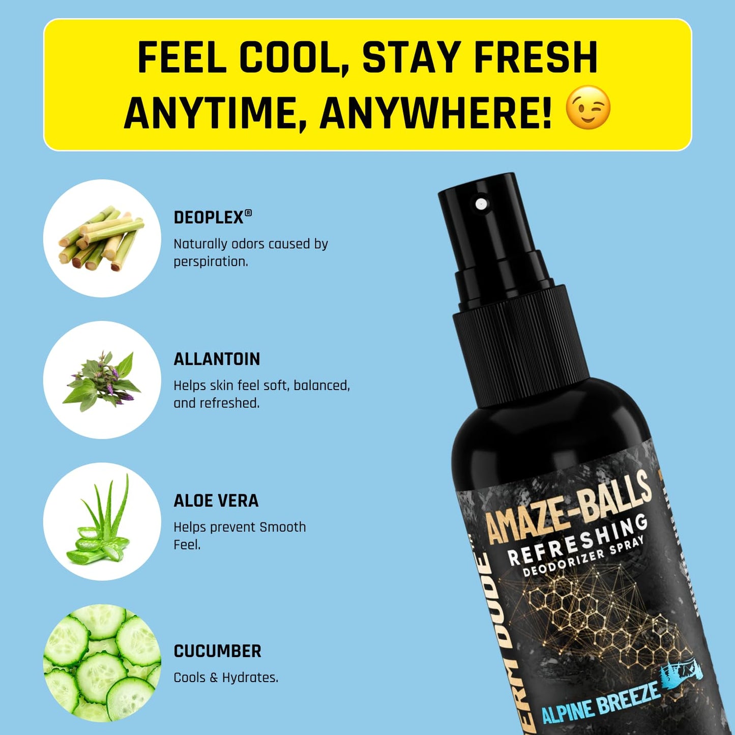 Derm Dude Amaze Ball Deodorant Spray for Men | Anti-Chafing Groin & Sack Spray with DeoPlex & Aloe Vera | Odor & Sweat Control for Private Parts | Alpine Breeze Scent, Talc-Free, 2oz