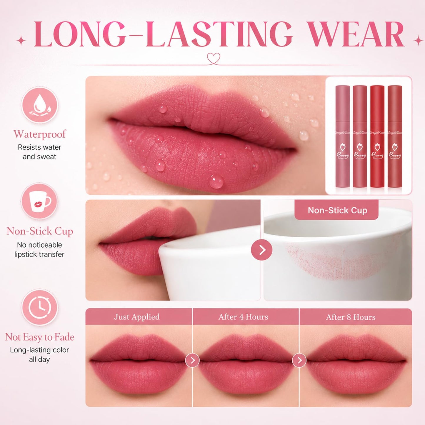 3Pcs Matte Lipstick for Women, Rose Red Nude Liquid Lipstick Makeup, Long Lasting High Impact Color, Velvet Air Moisture Smooth Crayon Lip Stain, Non-Stick Cup Waterproof Lip Gloss, Up to 24H Wear