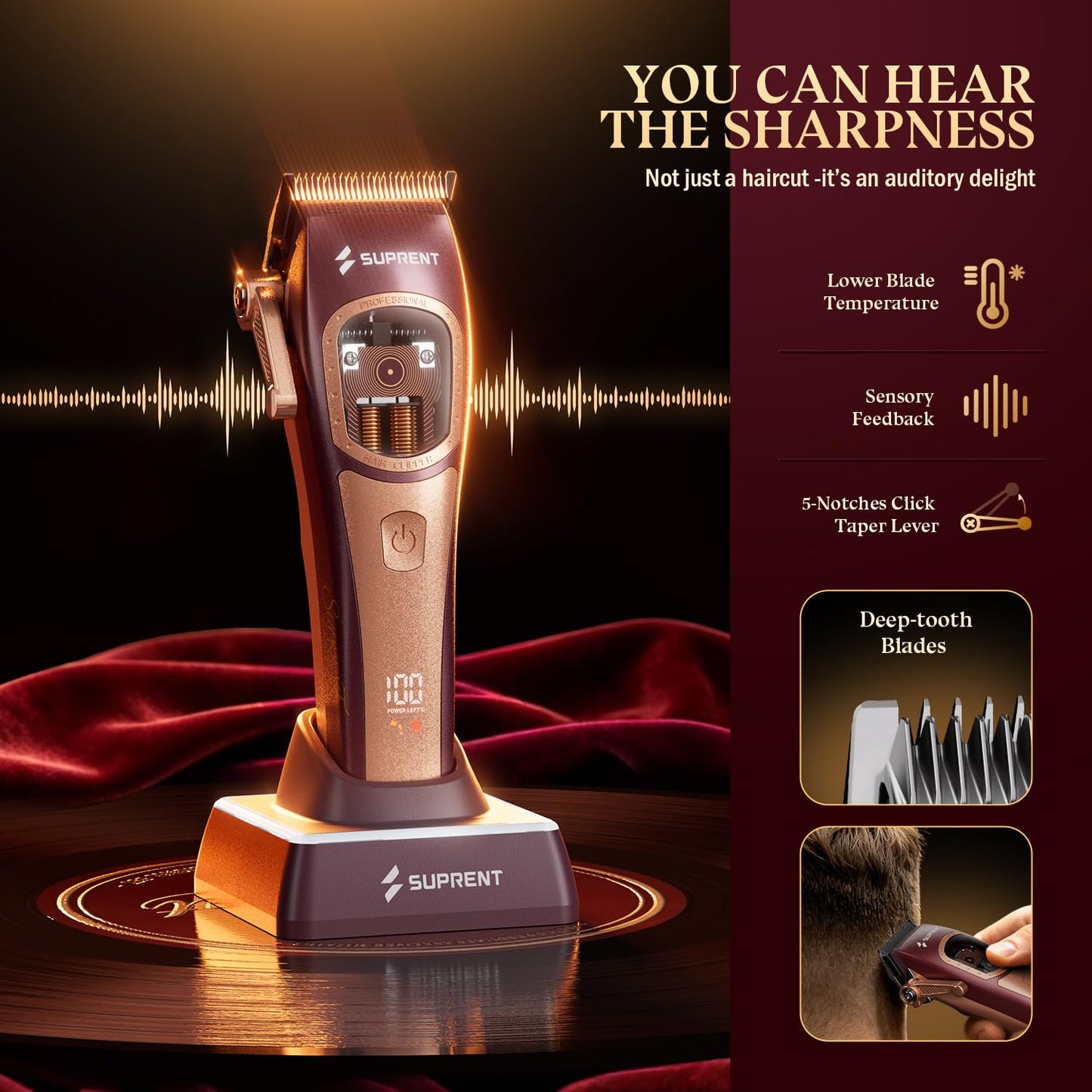 SUPRENT Professional Barber Clippers - Up to 11000RPM Intelligent Dual-Coil Vector Motor Hair Cutting kit, Zero-Gapped Hair Clipper & Trimmer Kit, Deep Tooth Blades, Charging Stands (Red) (Gold)